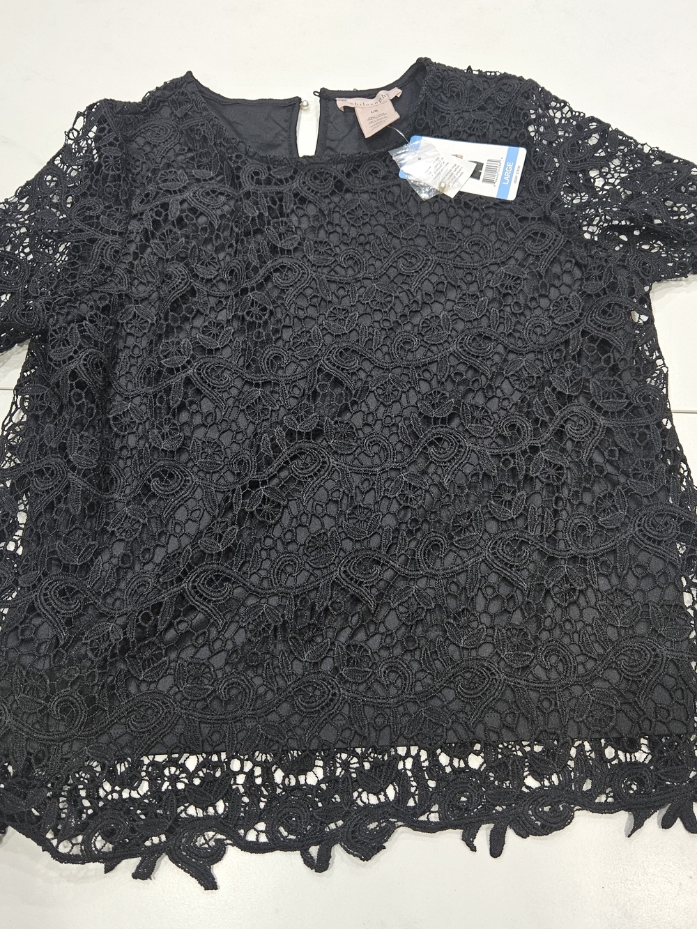 Philosophy Black Crochet Lace Short Sleeve Top